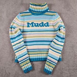Vintage Mudd Yo Striped Turtleneck Sweater XL Blue Green Y2K Chunky Knit Logo